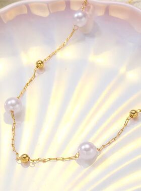 Simple Pearl Beads Chic Exquisite Necklace Gold Color Thin C