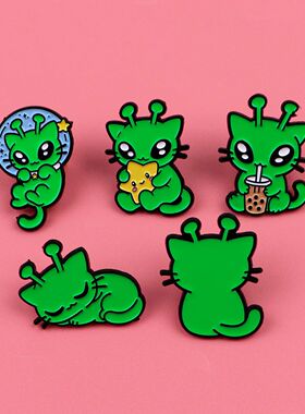 5pcs Cute Alien Cat Enamel Pin Funny Brooch For Coat Women's