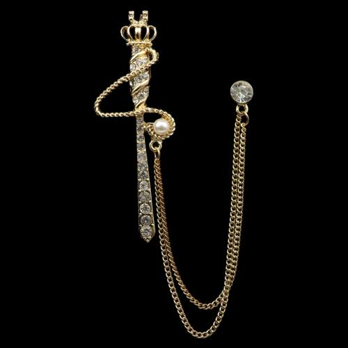 Golden Men Women Tassel Chain Lapel Pin Brooch Wings Crown S - 图0