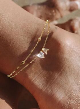 Ankle Bracelets for Women Waterproof 14K Gold Plated CZ Init