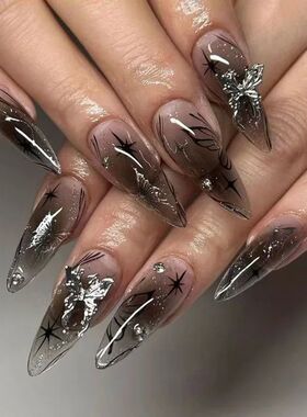 24Pcs Black Y2k Fake Nails with Diamond Halloween Long Almon