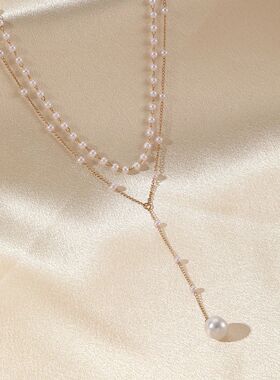 Fashion Simple Design Long Imitation Pearl Necklace Double L