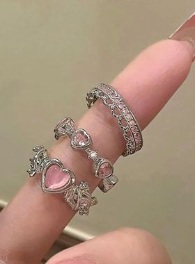 2PCS Fairy Sparkling Crown Rings for Women Teen Crystal Silv