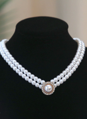 Retro Court Diamond Pearl Necklace Earrings Women's Simple C