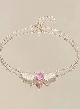 Crystal Angel Wings Pink Heart Pendant NecklacesGirl Women H