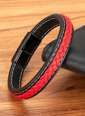 Black & Red Braided Rope Leather Bracelet Men Stainless Stee