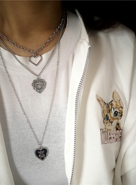 Kpop Goth Silver Color Heart Cross Pendant Chain Necklace Fo