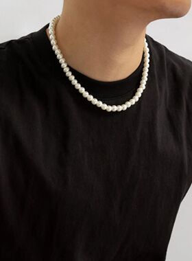 Simple Imitation-Pearl Beaded Short Choker Necklace for Men