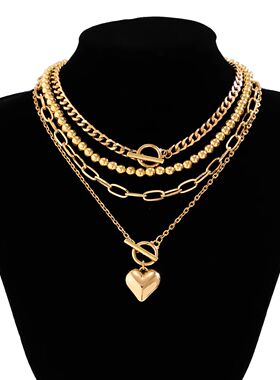 PuRui Multilayer CCB Heart Charm Choker for Women Link Chain
