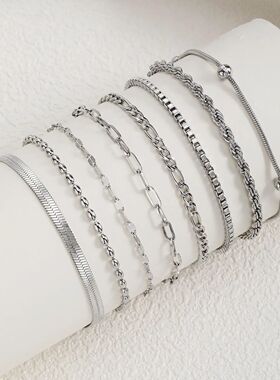 Women Chain Bracelet Silver Color, Stainless Steel Link Stac