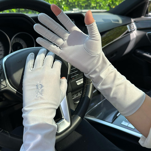 氨纶防晒手套女中长款薄露二指触屏夏季户外采茶遮阳半指开车骑行 - 图1