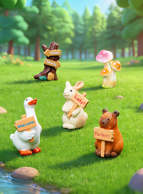 微景观创意举牌兔子水豚白鹅动物 DIY装饰品迷你树脂桌面车载摆件