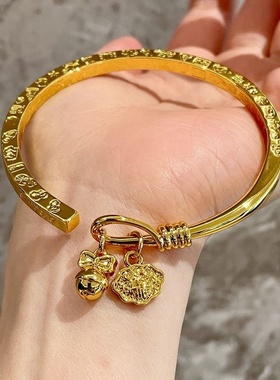 中式国潮吉言镯子新款百搭开口实心女友铃铛礼物如意福吉言手镯