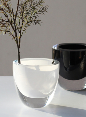 SoftHome黑白玻璃花瓶平口碗状花器厚底透明花盆家居摆件可水培