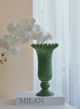 复古蓝菱格玻璃花瓶法式水培插花鲜花家居装饰摆件新年圣诞摆件