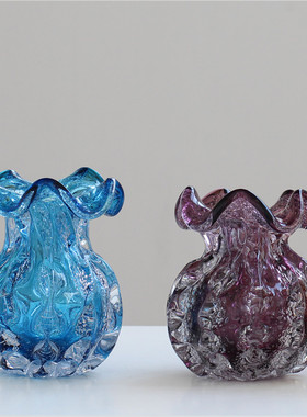 北欧厚重蓝色琉璃钱袋子气泡花家居客厅插花样板间艺术花器花瓶