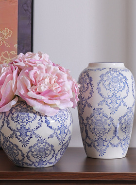 新年新中式复古青花瓷花瓶陶瓷摆件客厅玄关鲜花插花器家居装饰