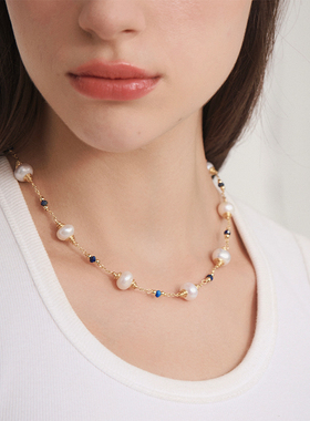 SUM汽泡·蓝点珍珠项链·原创设计款两带T字扣天然淡水珍珠温柔
