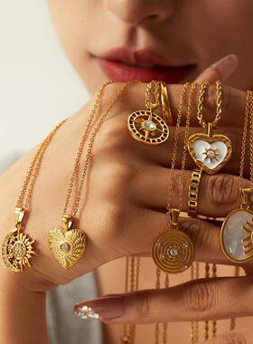 万兴欧美复古不锈钢贝母爱心项链高级感钛钢不褪色跨境首饰品颈链