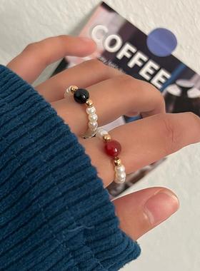 彩色水晶串珠戒指ins小众设计感高级手指戒轻奢气质百搭指环配饰