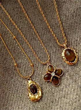 美拉德人造虎眼石项链跨境复古气质毛衣链小众百搭高级感饰品