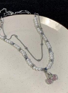 珍珠樱桃项链女潮双层叠戴串珠甜酷毛衣链金属配饰小众锁骨链颈链