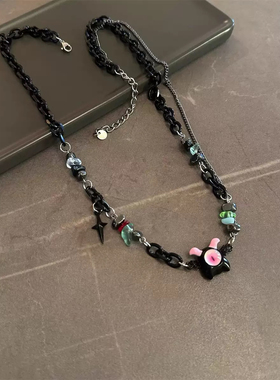 小怪兽碎石黑链条项链男女锁骨链嘻哈小众设计高级感毛衣卫衣链潮