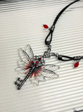 甜酷风蜻蜓钥匙吊坠皮绳项链女choker复古百搭锁骨链颈链小众配饰
