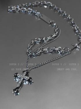 日韩双层拼接十字架吊坠项链女秋冬冷淡风潮酷卫衣链ins嘻哈配饰