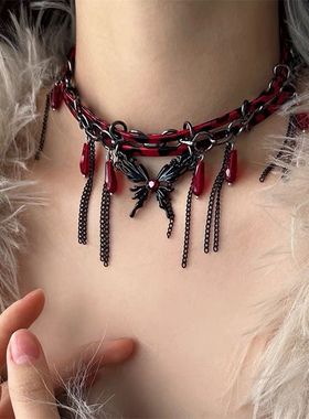 朋克辣妹玫红色皮质蝴蝶流苏choker项链女潮酷y2k颈链cosplay配饰