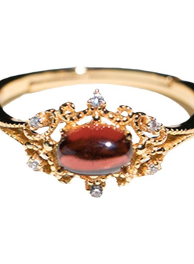 日系【夜蔷薇】宫廷风酒红色仿石榴石戒指女古着vintage复古轻