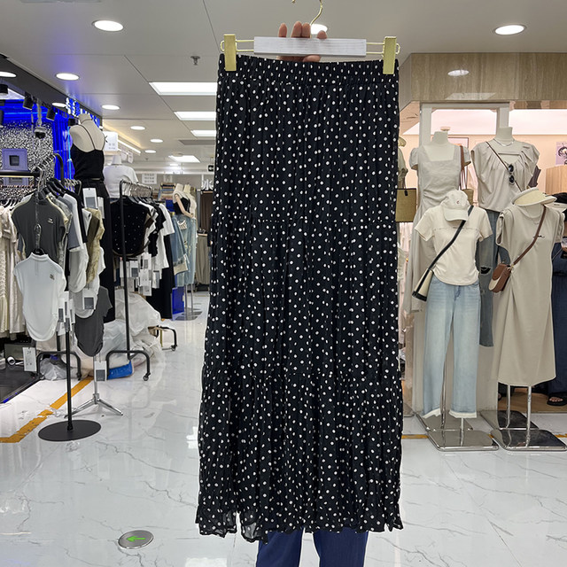 Retro polka dot chiffon pleated full skirt