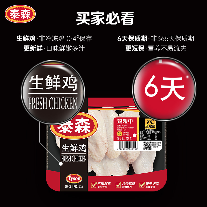 Tyson/泰森新鲜生鲜鸡爪400g*2盒生鸡肉烹饪带棍凤爪【不用激素】 - 图0