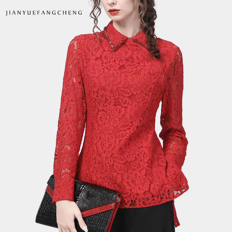 本命年红色喜庆2022春装蕾丝衫衬衫 简约方程女装蕾丝衫/雪纺衫