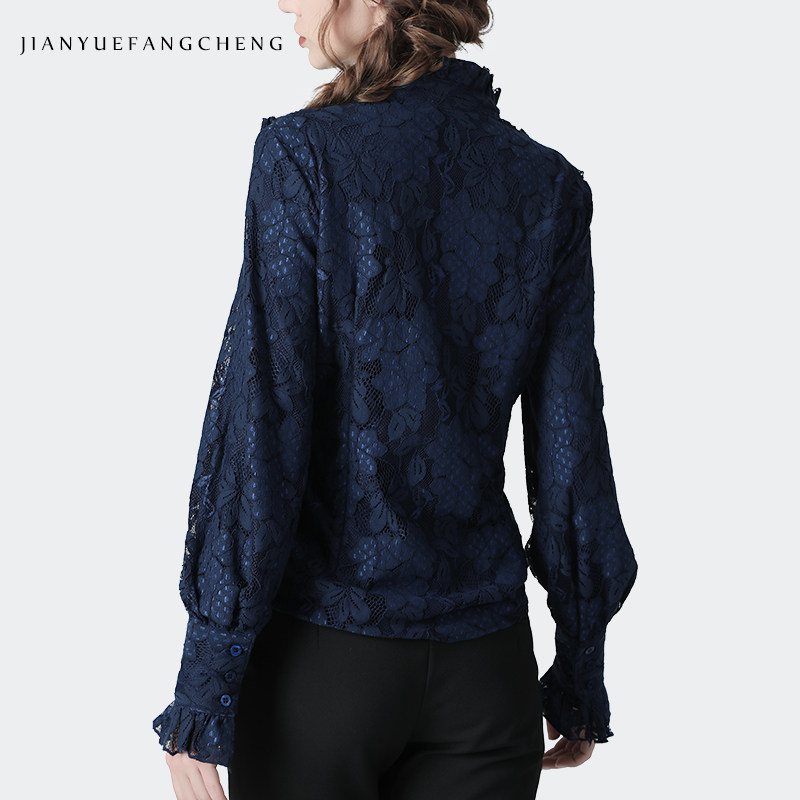 欧洲站木耳边加绒加厚雪纺衫衬衫 简约方程女装蕾丝衫/雪纺衫