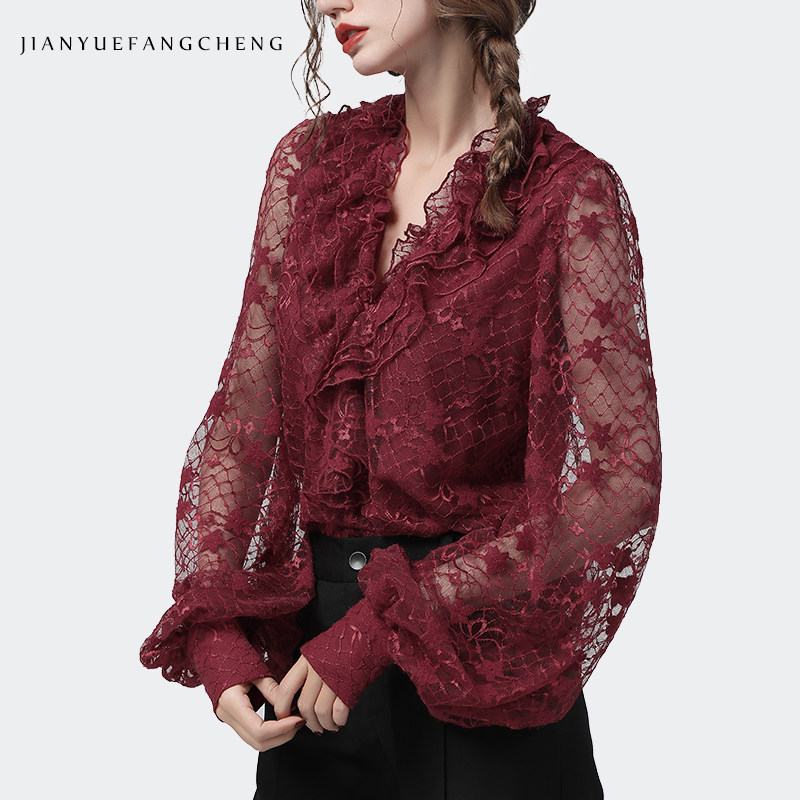 欧货蕾丝衫女长袖显瘦v领2021衬衫 简约方程女装蕾丝衫/雪纺衫