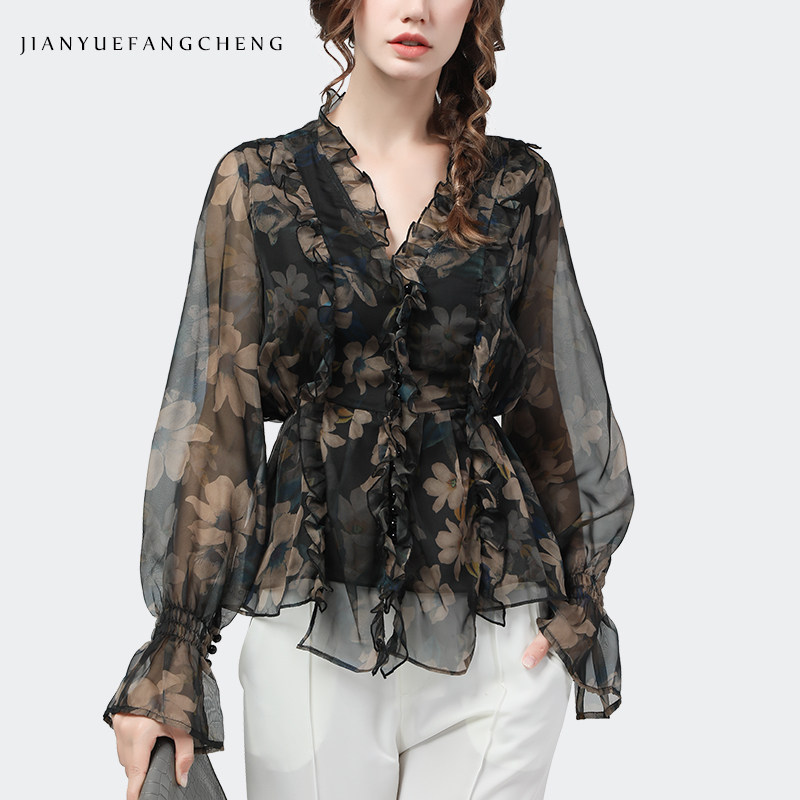 欧洲站遮肚子显瘦碎花小衫女雪纺衫 简约方程女装蕾丝衫/雪纺衫