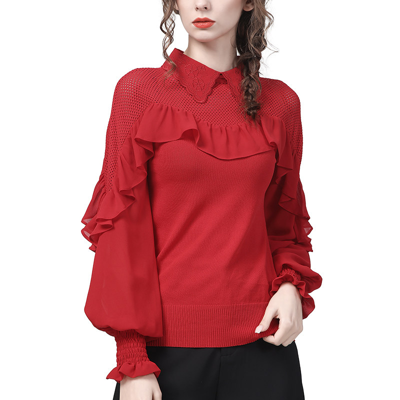 本命年2022春装红色女针织衫衬衫 简约方程女装蕾丝衫/雪纺衫