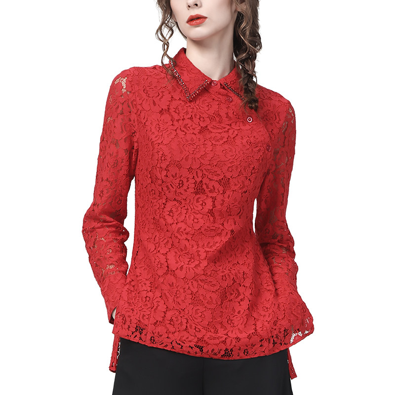 本命年红色喜庆2022春装蕾丝衫衬衫 简约方程女装蕾丝衫/雪纺衫