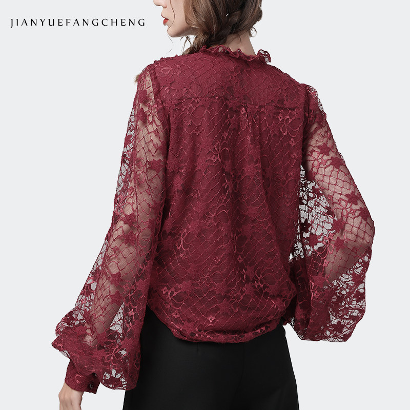 欧货蕾丝衫女长袖显瘦v领2021衬衫 简约方程女装蕾丝衫/雪纺衫