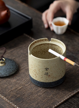 带盖陶瓷烟灰缸中式青花茶水缸茶
