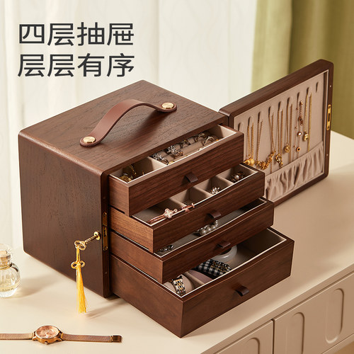 木质手提油画首饰盒精致带锁项链耳钉耳环大容量黄金手饰品收纳盒 - 图0