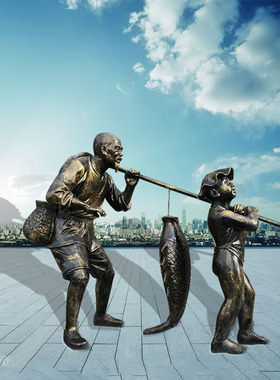 玻璃钢捕鱼文化主题打渔民风雕塑