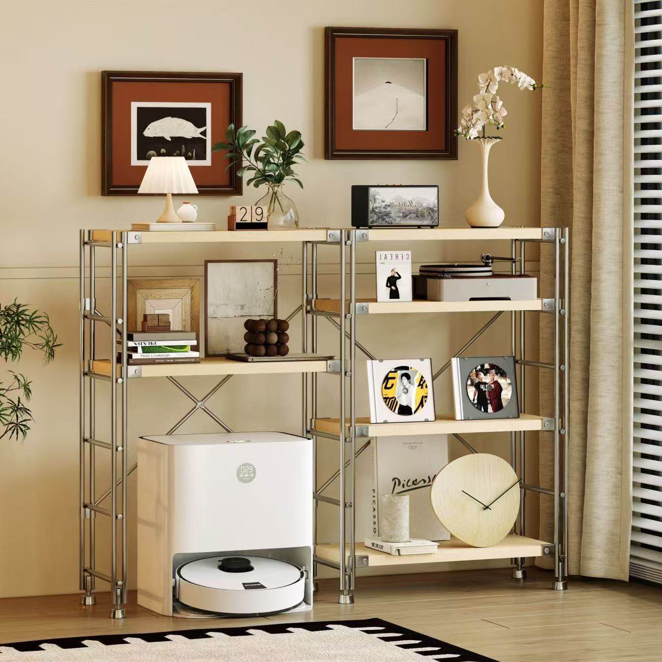 日式钢木置物架落地多层客厅阳台书架家用厨房收纳储物微波炉架子,淘宝优惠券,粉丝福利购,淘宝优惠卷