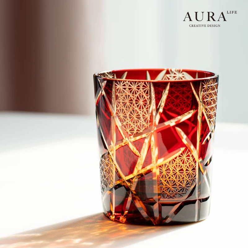 AURA'S个性江户切子杯诸神的黄昏琥珀闪电手工雕刻水晶威士忌酒杯 - 图1