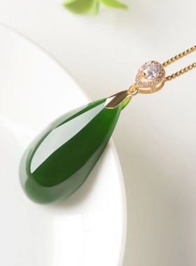 新疆天然玉石【送项链】高档玉吊坠菠菜绿玉髓坠子冰种通透送妈妈