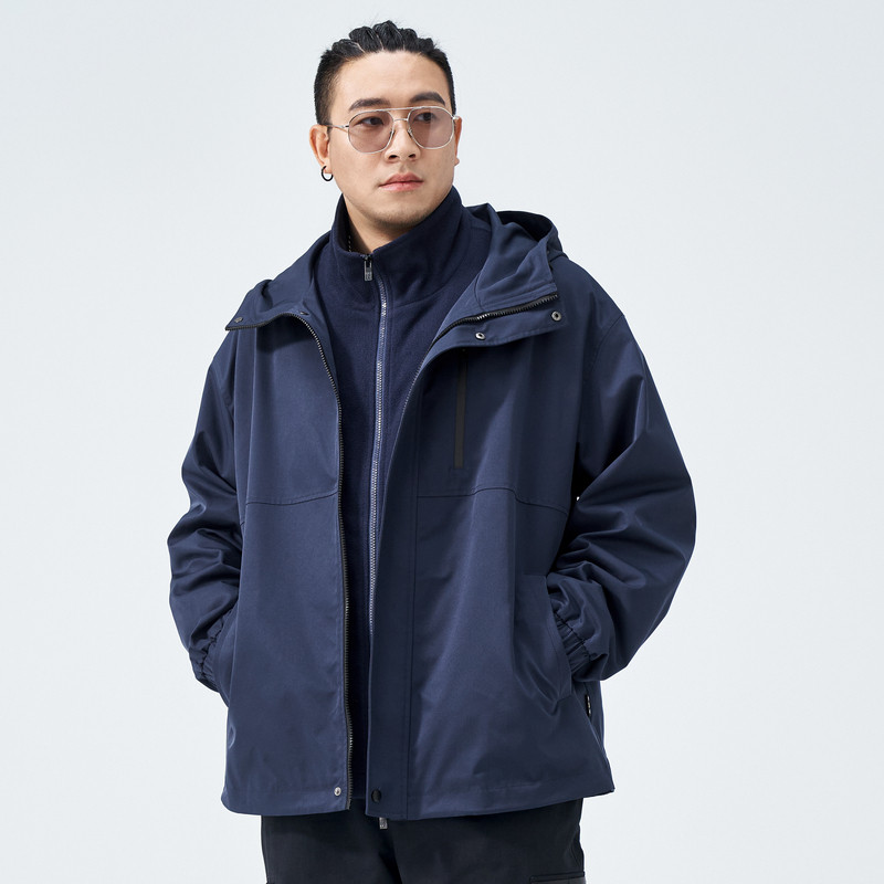 [摇粒绒内胆]半墨冲锋衣式外套男户外三合一工装夹克连帽大码男装,淘宝优惠券,粉丝福利购,淘宝优惠卷