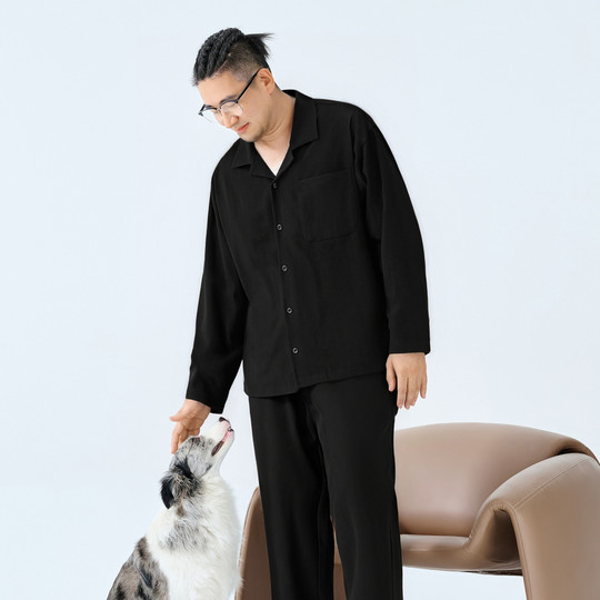 Conjunto de pijamas de media tinta de talla grande para hombre, conjunto de ropa para el hogar de manga larga extendida, de algodón puro, holgado, con cuello cubano, corpulenta, extra