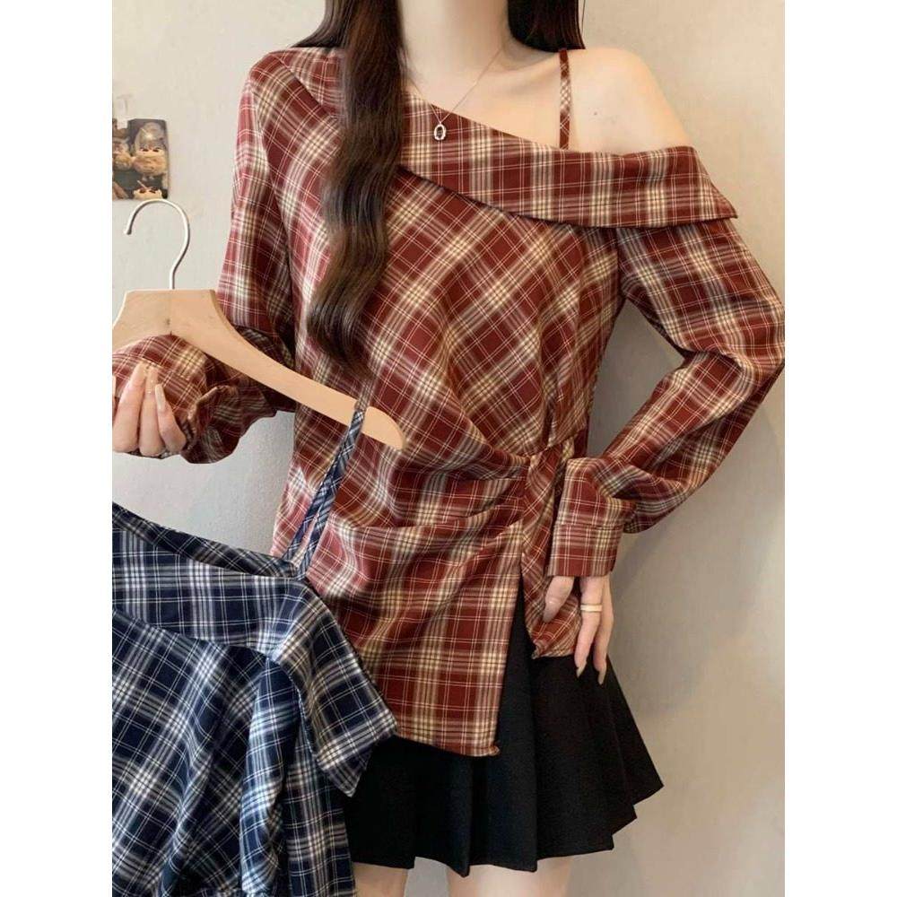 大码设计感红色格子露肩长袖衬衫女早秋薄款穿搭胖mm显瘦收腰上衣,淘宝优惠券,粉丝福利购,淘宝优惠卷