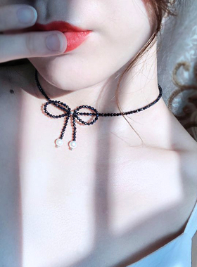 日韩925纯银黑尖晶石女短锁骨链